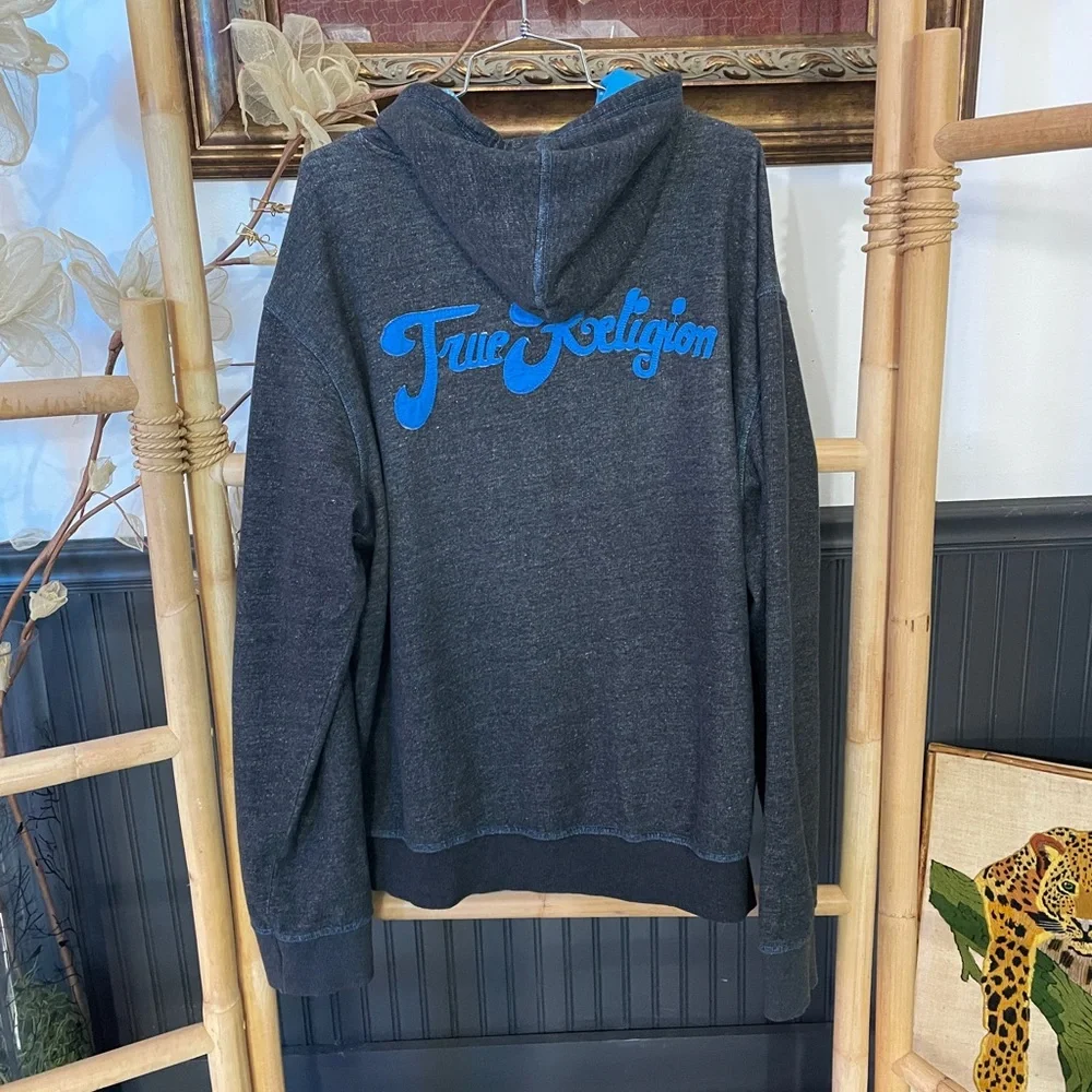 Y2K True Religion Raised Spellout Full Zip Hoodie Charcoal Blue Men’s 2XL🧡🎀